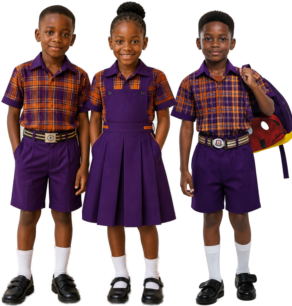 Smiling Abi K Royal Academy pupils in their purple and orange plaid uniforms